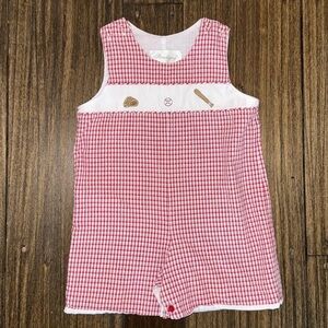 Strasburg Red and White Seersucker Baseball Embroidered Baby Romper Jon Jon ⚾️